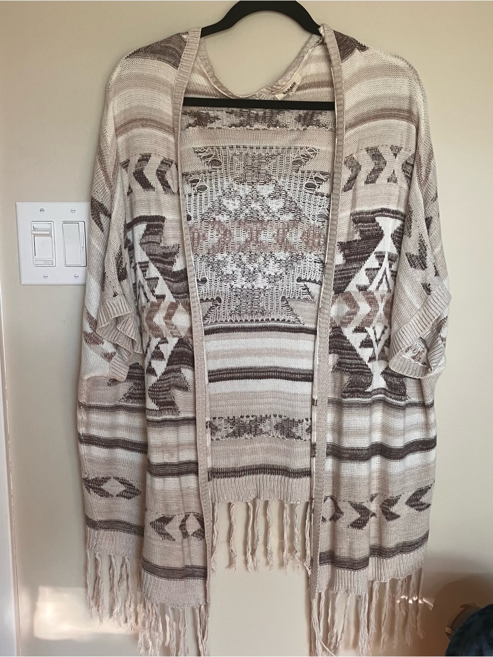 Garage Neutral Aztec Fringe Open-Front Cardigan Cottagecore Boho Bohemian